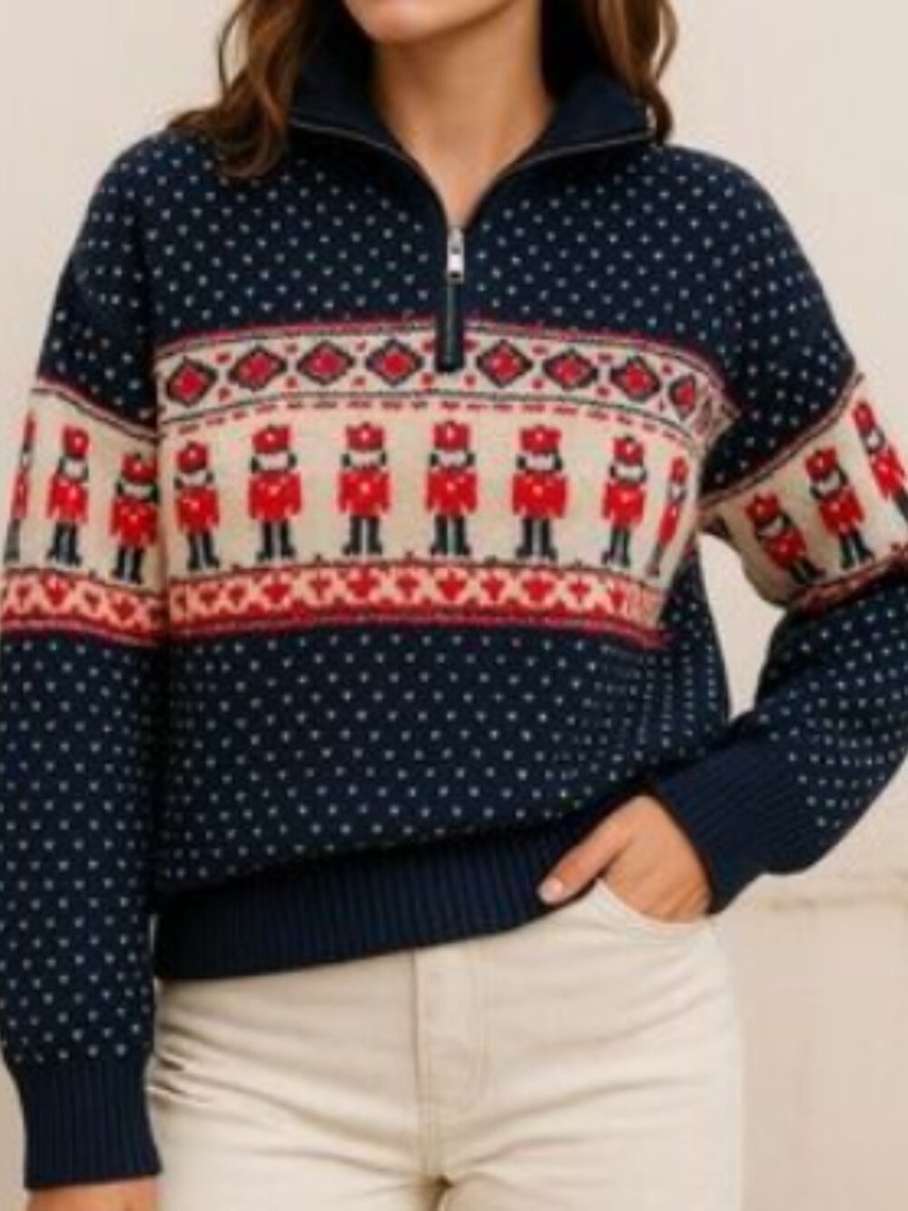 Soho & Stella 1/2 Zip Nordic Nutcracker Sweater in Blue/Red/White Medium